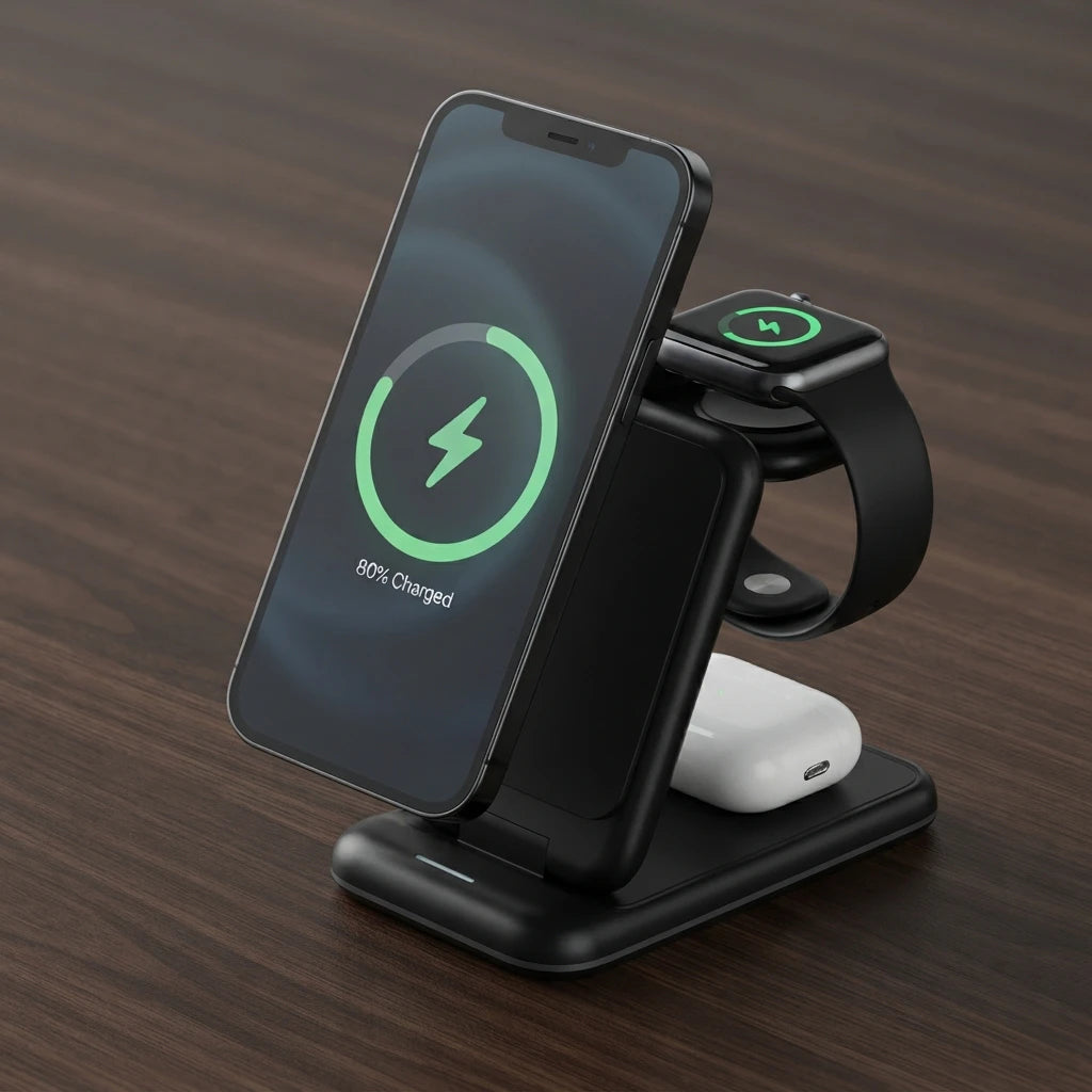 Foldable 3-in-1 wireless charger for desk and travel